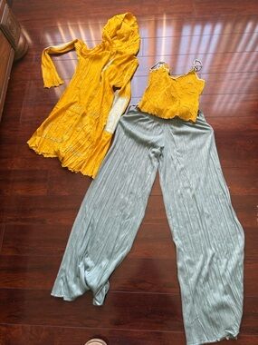 Komarov Mustard Crop Top & Hooded Cardigan with Light Gray Wide-Leg Pants